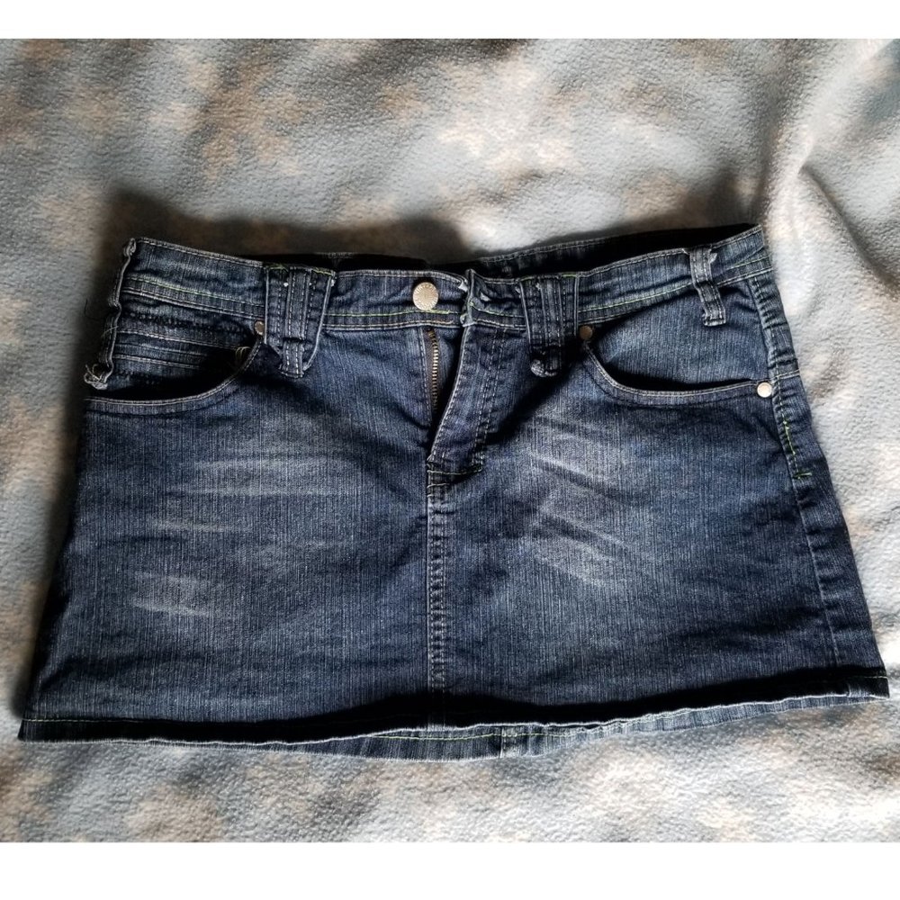 Funhouse Vintage Denim Mini Skirt with Pockets and Embroidery